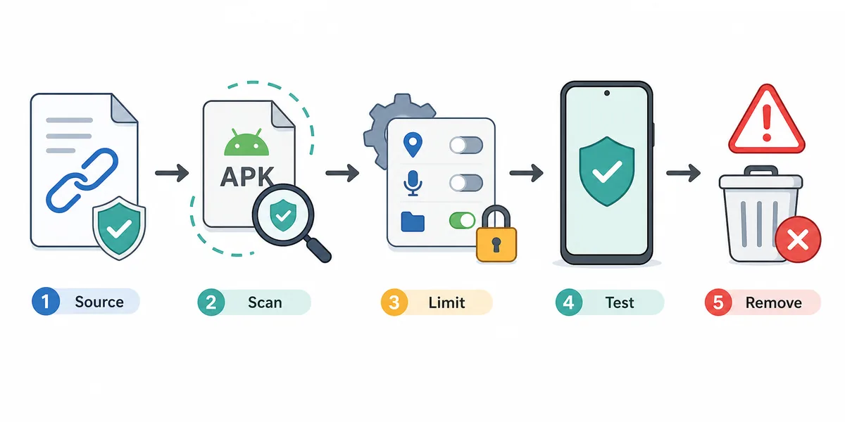 Illustrated safe install flow for checking APK source signature and permissions