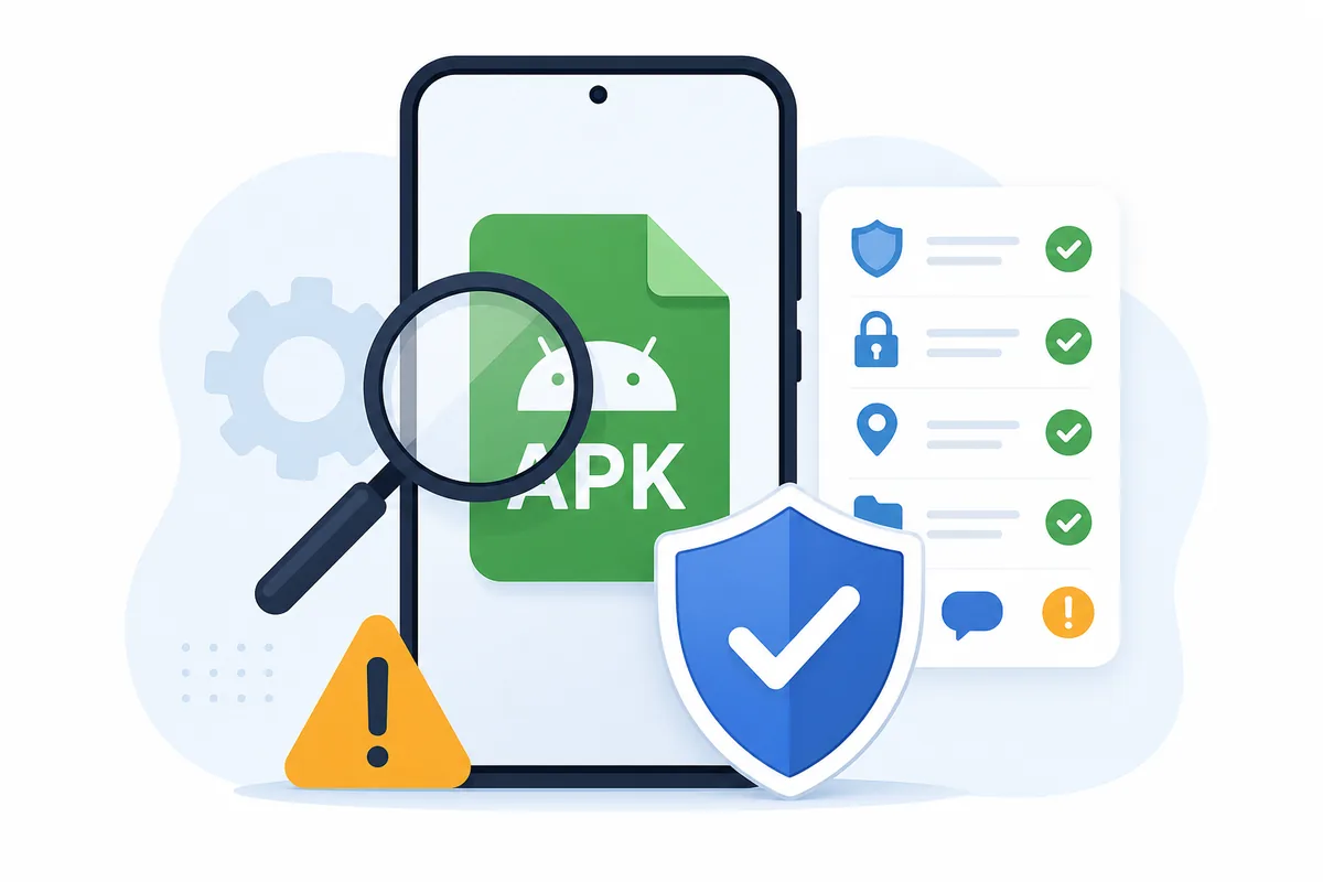 Editorial illustration of a Loklok Mod APK safety check with APK file, shield, magnifier, and permission checklist