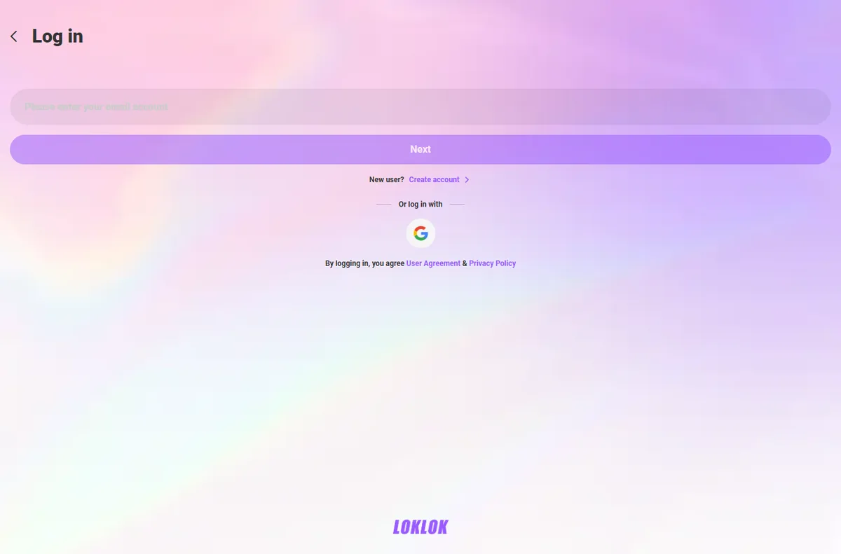 Loklok Web login screen with email, Google sign-in, user agreement, and privacy policy links