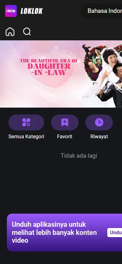 Loklok Web mobile browser layout showing navigation categories and the app-download prompt