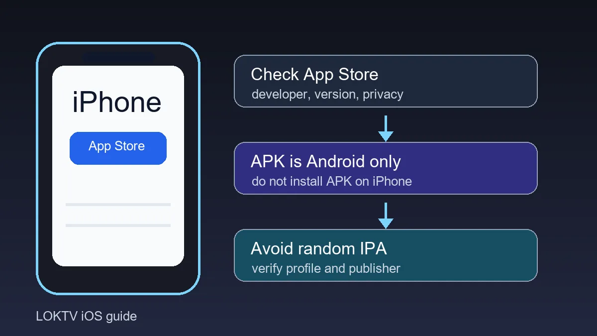 LOKTV iOS iPhone guide showing App Store check, APK not supported on iPhone, and safer install choices