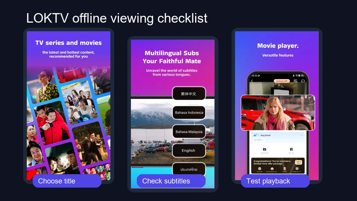 LOKTV offline download guide using real app screenshots for movies, subtitles, and playback checks
