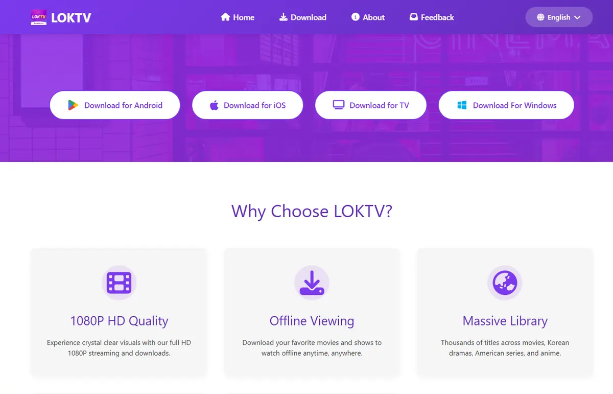 LOKTV website reference showing separate Android, iOS, TV, and Windows routes